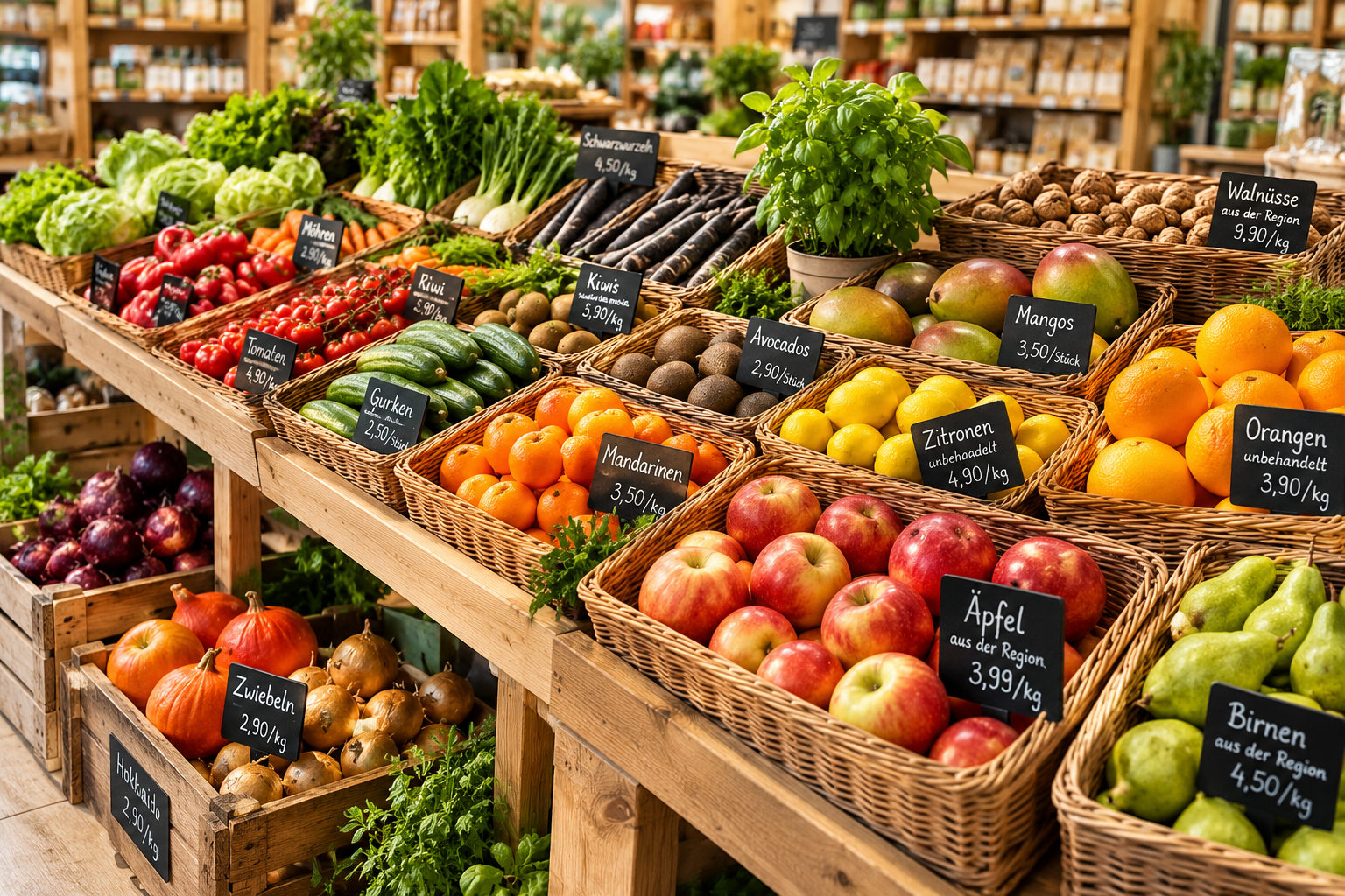 Vielfältige Obst- und Gemüseauswahl in rustikalen Körben